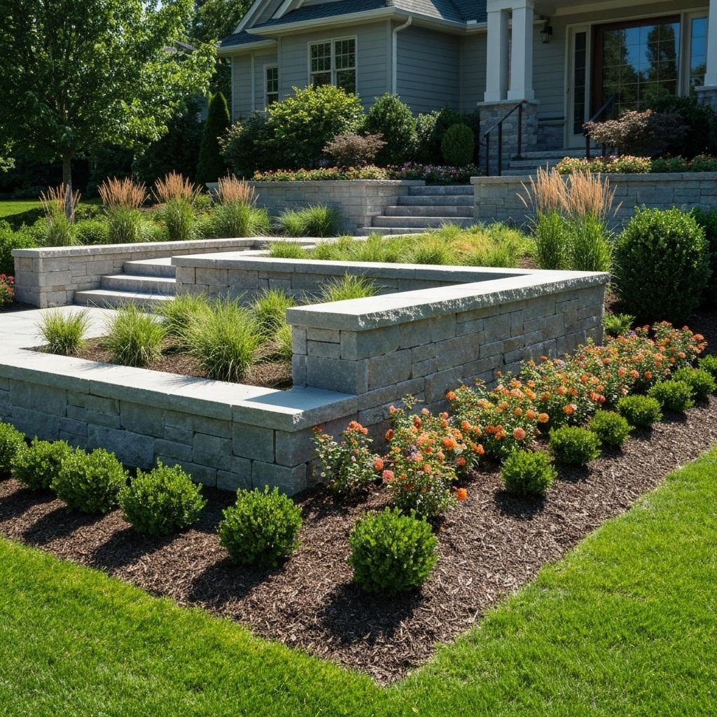 Architectural landscaping with stone retaining walls and ornamental plants