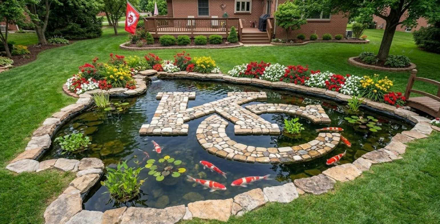 Kansas City Chiefs inspired backyard pond featuring a stone KC mosaic centerpiece, red and white koi fish, a Chiefs flag, and a wooden bridge surrounded by red and white flowers