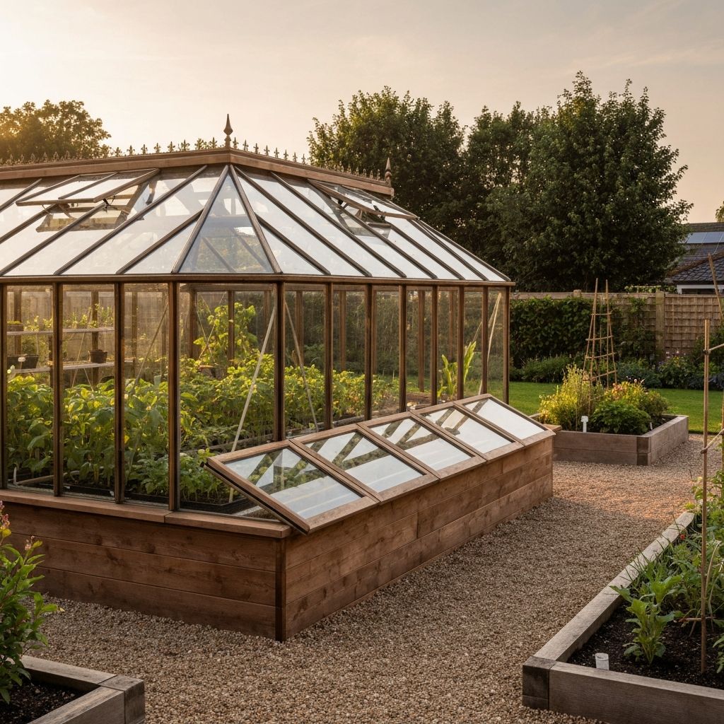 Custom-built backyard greenhouse with cold frames and seedlings growing inside