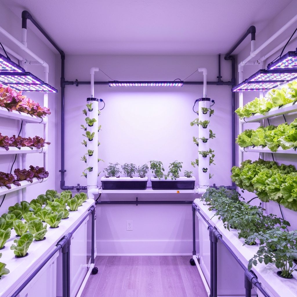 Indoor hydroponics room with LED grow lights and vertical growing towers