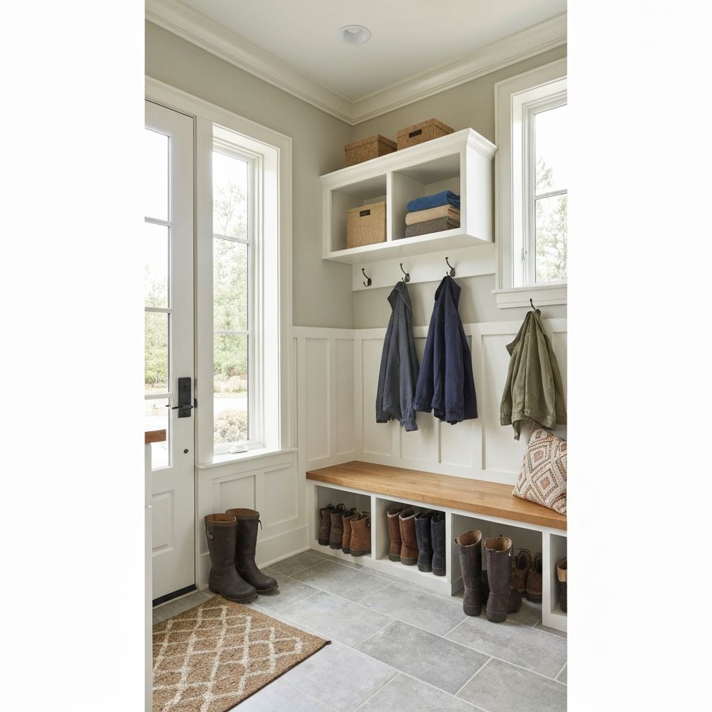 A beautifully designed mudroom with built-in storage and bench seating