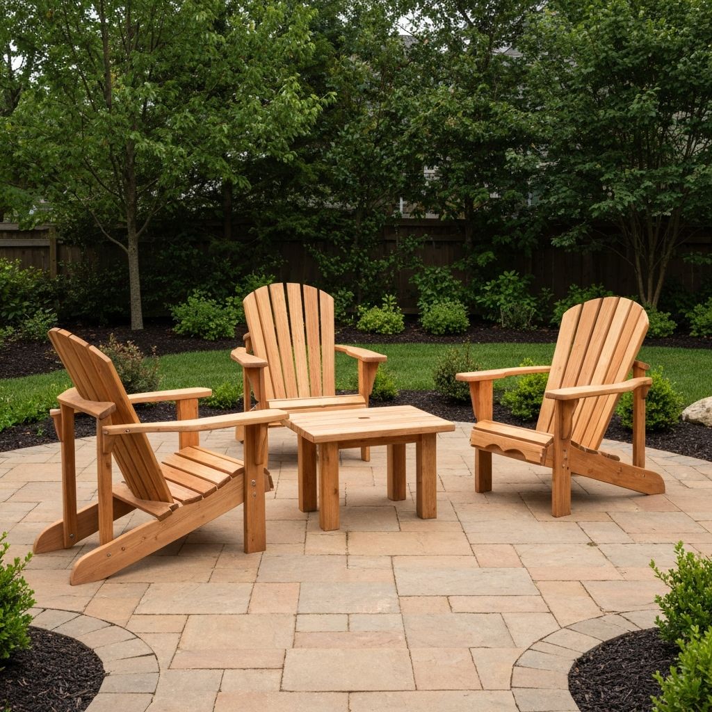 Custom-built wooden outdoor furniture on a backyard patio