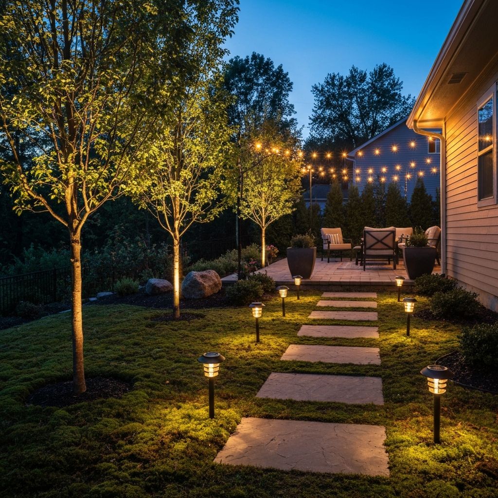 Warm outdoor landscape lighting along a backyard pathway at dusk