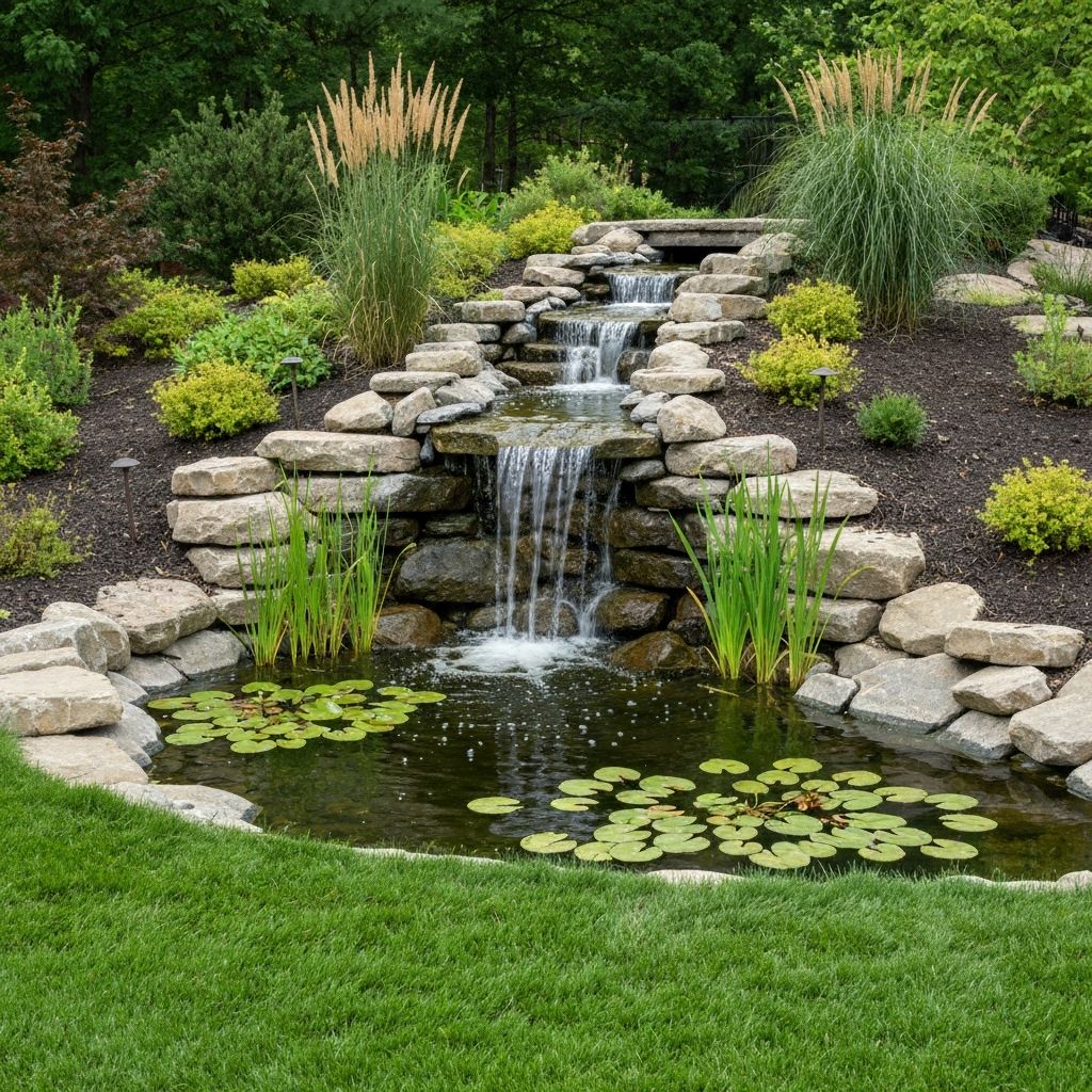 A custom-designed backyard pond with waterfall and natural rocks