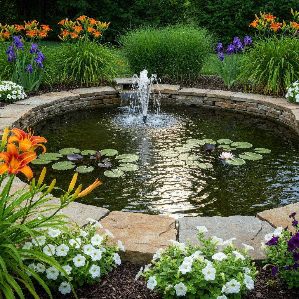 A professionally installed pond surrounded by flowering plants