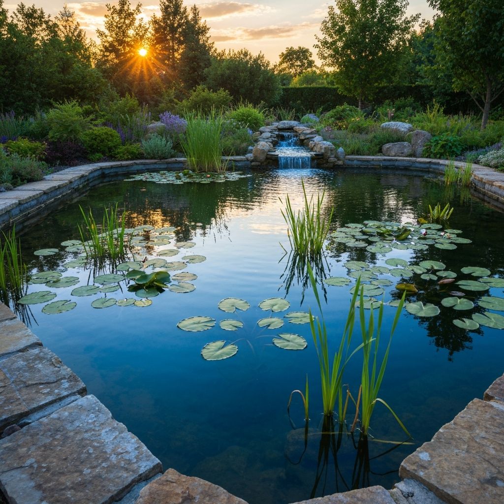 A well-maintained backyard pond with healthy aquatic plants