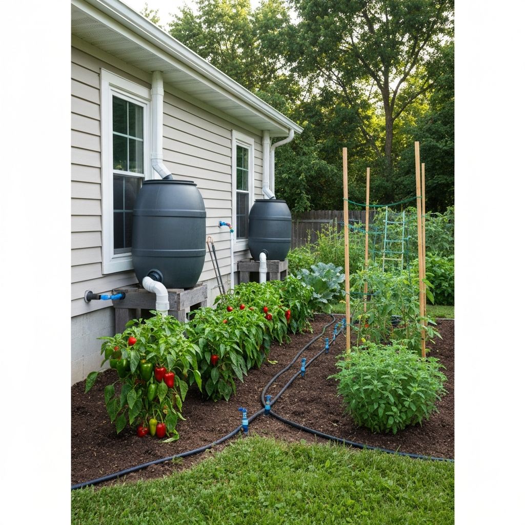 Residential rainwater harvesting system with rain barrels and drip irrigation to a garden