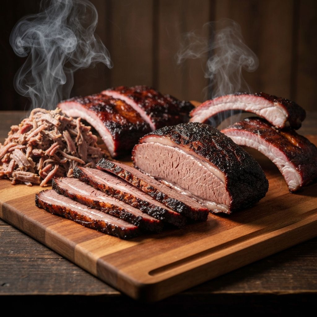Kansas City style smoked brisket and ribs on a cutting board
