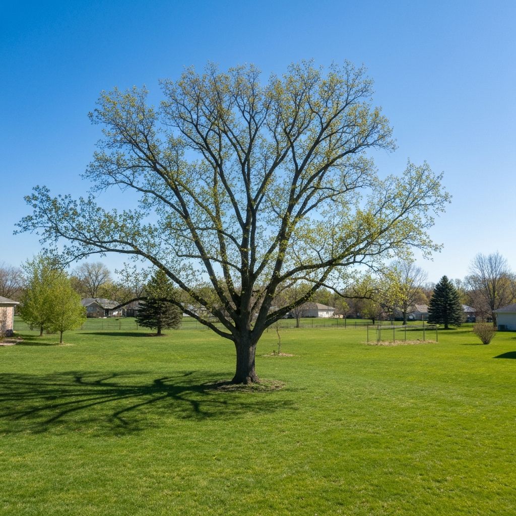 Professionally trimmed trees in a residential backyard